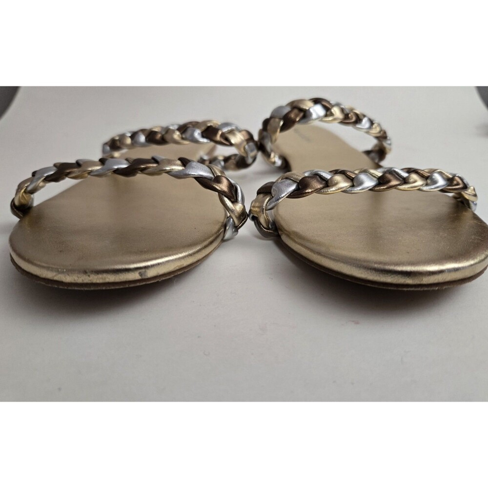 Tahari Size 8 Metallic Gold Slide Sandals Braided Gold Silver Strap Flat Slip on - Picture 3 of 7